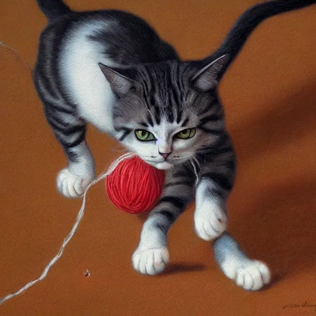 Prompt: a painting of a cat chasing a ball of yarn by johfra bosschart, dark fantasy art, high detail, trending on artstation