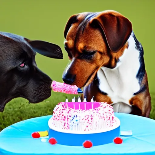 Image similar to a realistic photo of a dog eating a birthday cake