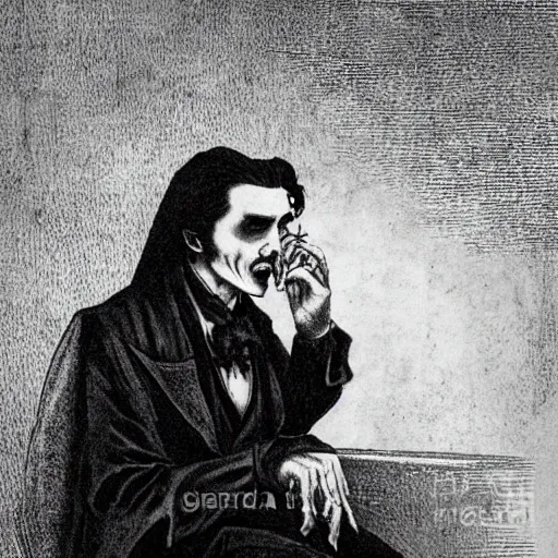 Image similar to dracula drinking coffee, creepy atmosphere, dark, portrait, realistic, very realistic, illustration by Gustave Doré