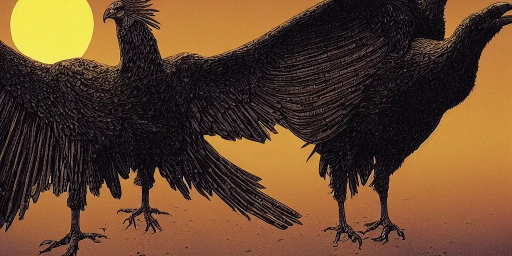 Prompt: weird west, giant crow blocking out the sun, desaturated delicate illustration by moebius jean giraud