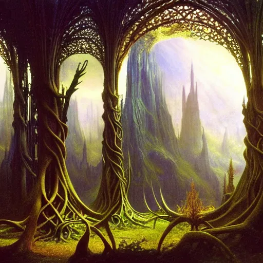 Prompt: a beautiful and highly detailed matte painting of an elven cathedral in a mystical celtic forest, alien trees and plants and flowers, twisted spires, wide angle, by caspar friedrich, albert bierstadt, james gurney, brian froud,