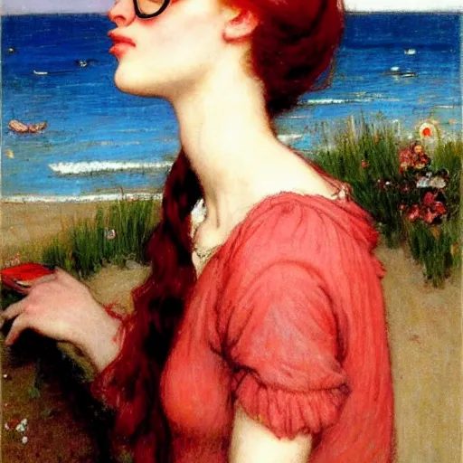Prompt: very very very beautiful red haired woman wearing glasses and light blue sundress, beach background, eye contact, flirty, golden hour, drawn by john william waterhouse