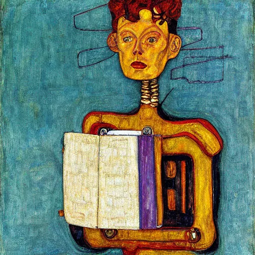 Image similar to a robot reading a book by egon schiele