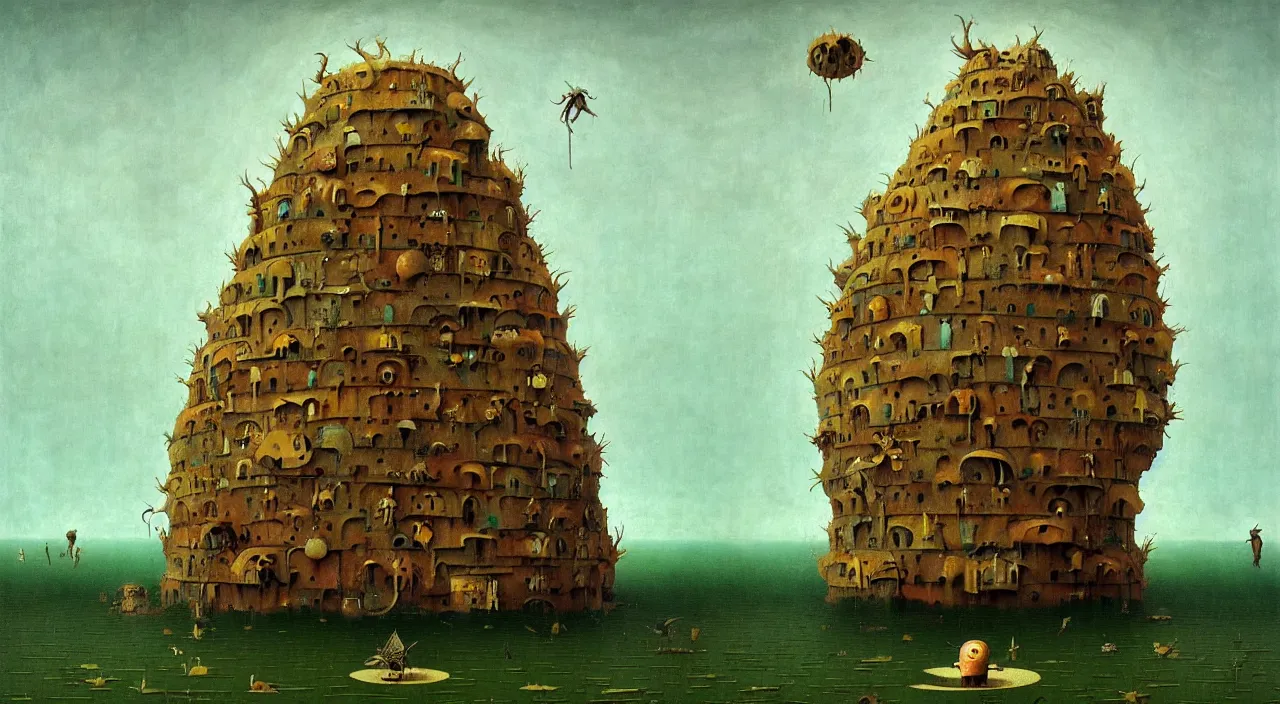 Image similar to single flooded simple!! rock hive tower anatomy, very coherent and colorful high contrast masterpiece by franz sedlacek hieronymus bosch dean ellis simon stalenhag rene magritte gediminas pranckevicius, dark shadows, sunny day, hard lighting