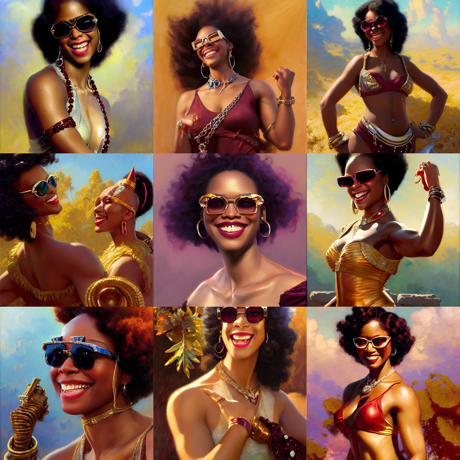Prompt: garnet from steven universe smiling confidently to camera, large sunglasses, full body shot, highly detailed painting by gaston bussiere, craig mullins, j. c. leyendecker 8 k