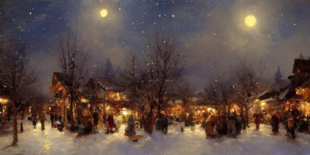 Prompt: a scene of a small eastern european village at night, stars, moon, wintertime, painting by daniel f. gerhartz