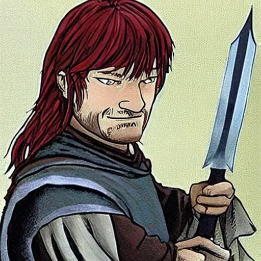 Prompt: boromir in an 80\'s anime world, holding a sword, incredibly detailed, ultra realistic, Satoshi Kon