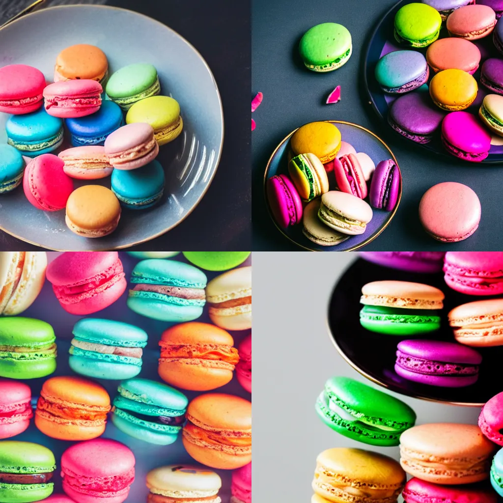 Prompt: A plate of colorful French macarons, Michelin Star, food photography, macro lens