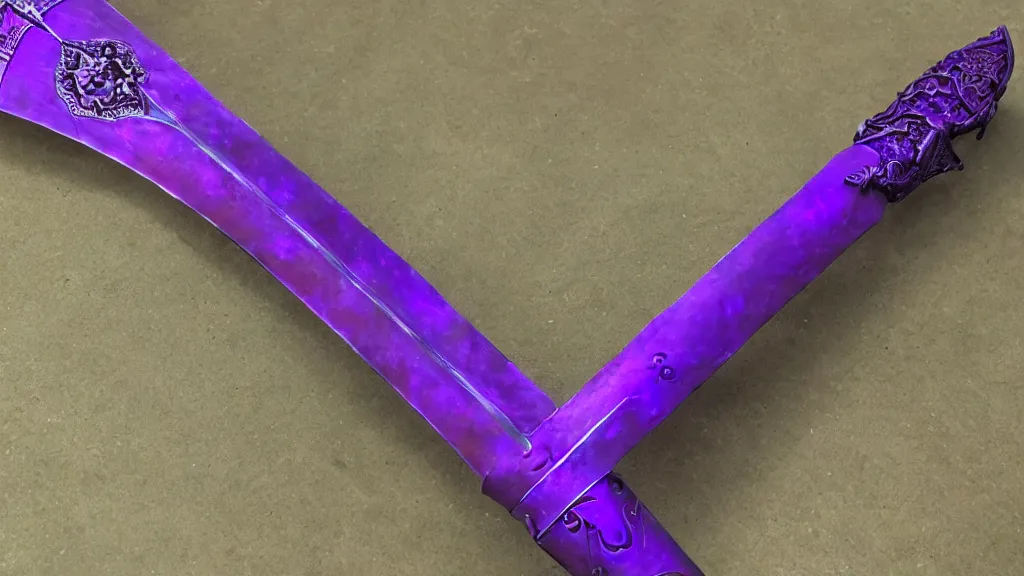 Image similar to medieval broad sword, purple aura, purple inscription, intrinsic design, hyper detailed, 4 k, 8 k