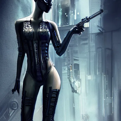 Image similar to a full body beautiful woman wearing a cyberpunk outfit by hr giger, blue eyes, weapons, electronics, high tech, cyber wear, concept art, fantasy, cyberpunk