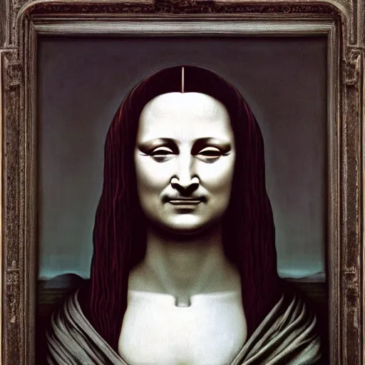 Prompt: monalisa by zdzisław beksiński, jeffrey smith and h.r. giger, oil on canvas, XF IQ4, f/1.4, ISO 200, 1/160s, 8K, RAW, unedited, symmetrical balance, in-frame