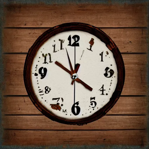 Prompt: A rustic album cover of a clock, rusty