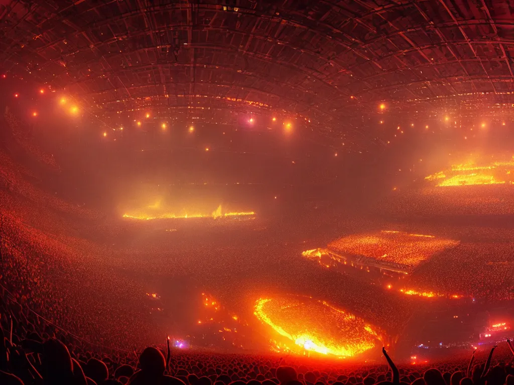 Image similar to a large concert stadium in hell, brightly lit stage centered and on fire, high contrast, stage lighting, pyrotechnics, ghibli animated film, volumetric lighting, octane render by stanley artgerm lau, greg rutkowski, thomas kindkade, alphonse mucha, loish, norman rockwel,