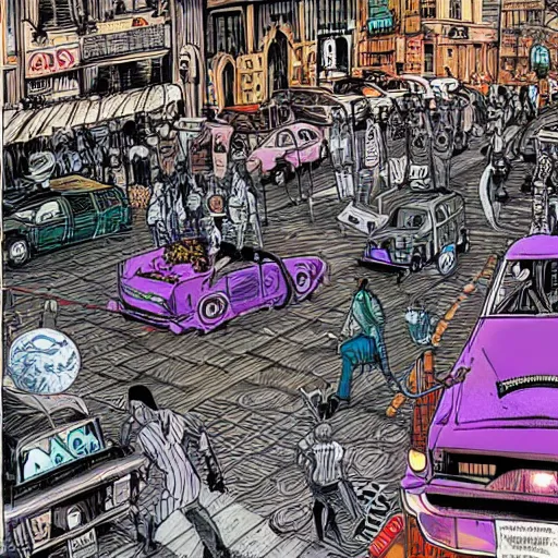 Prompt: busy street drawn by warren ellis, colorful, cyperpunk, detailed
