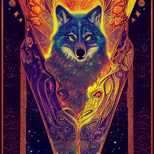 Prompt: tarot card, intricate, cosmic wolf, ross tran, hieroglyphics, golden ratio, vivid colors, ArtStation, cgsociety gustav klimt frame