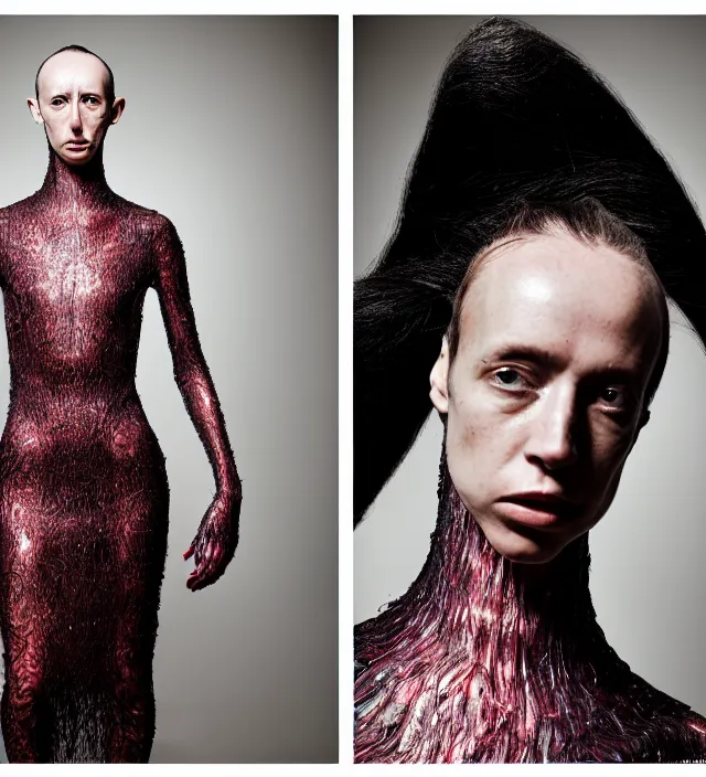 Image similar to realistic photoshooting for a new collection iris _ van _ herpen lookbook color film photography portrait of stunninng woman with half long hair wearing a dress, photo in style of tyler mitchell