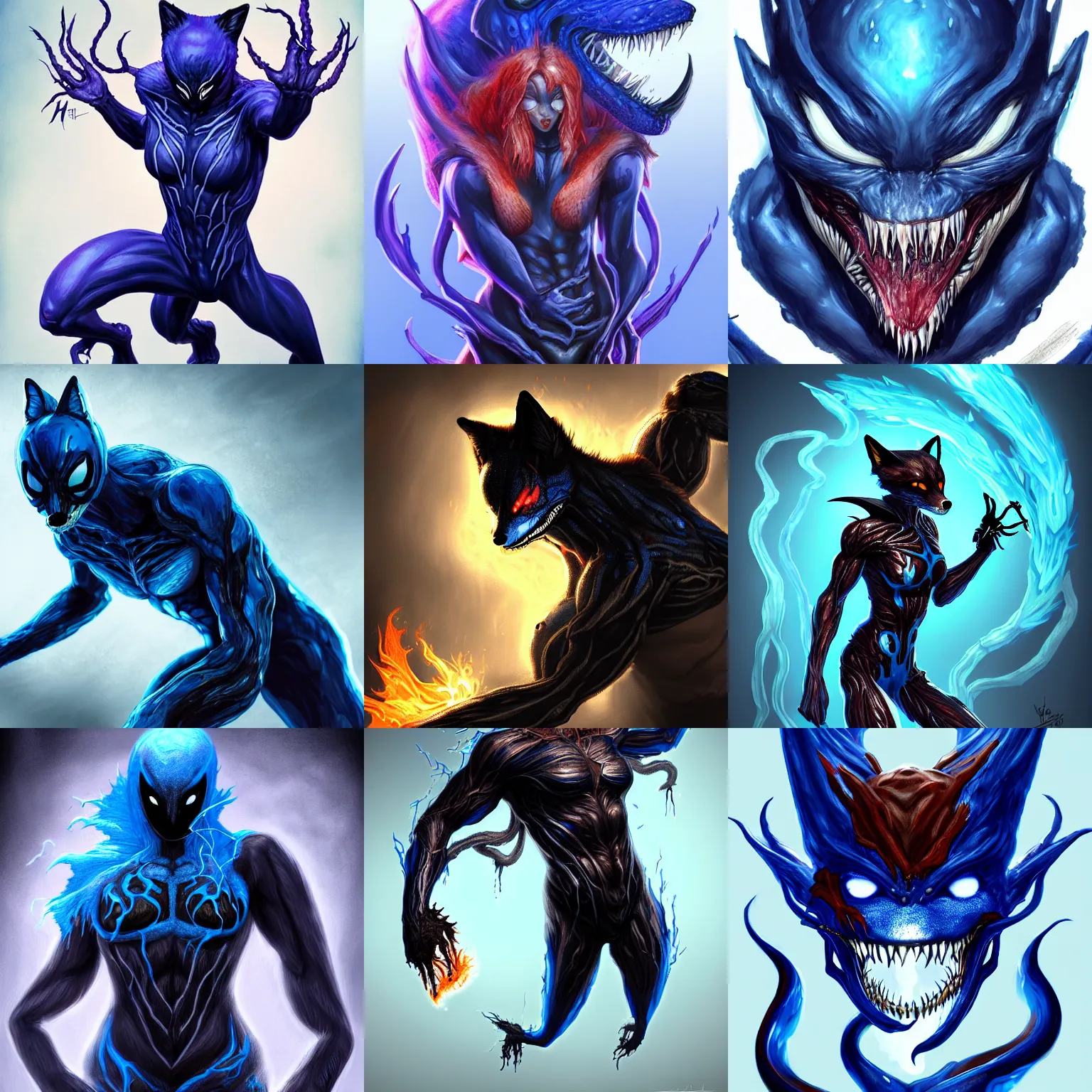 Prompt: human - fox - hybrid, infected by the venom - symbiote, breathing blue fire, gooey, marvel, digital art, concept art, highly detailed, 8 k hd, d & d, trending on artstation