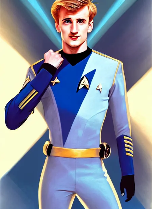 Image similar to cute star trek officer jack laugher, natural lighting, path traced, highly detailed, high quality, digital painting, by don bluth and ross tran and studio ghibli and alphonse mucha, artgerm