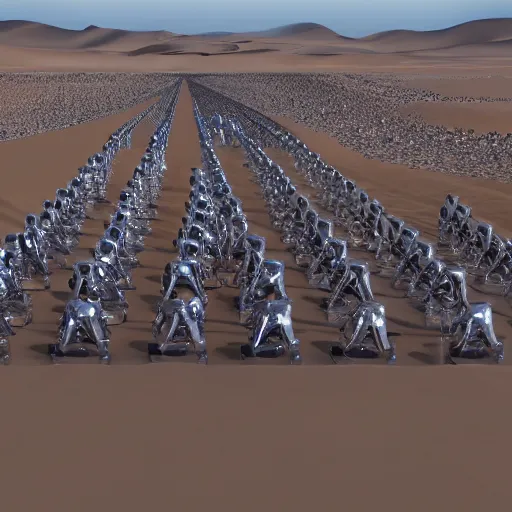 Image similar to army of army of metallic robots in desert, raytracing, 5 5 mm