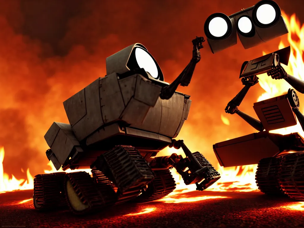 Prompt: wall - e in a battle, smoke, fire, explosions, chrome, shiny, reflective, metallic, 3 d render, realistic, hdr, stan winston studios, dramatic lighting, flame colors bright,