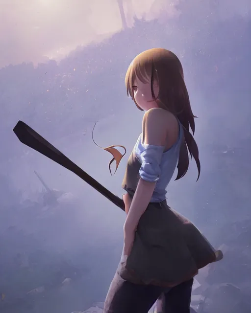 Image similar to a girl holding a pickaxe and covered in smog in a coal mine, atmospheric lighting, detailed body and face, by makoto shinkai, stanley artgerm lau, wlop, rossdraws