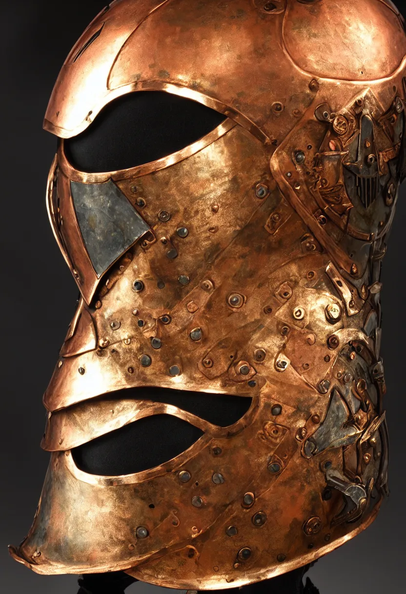 Image similar to a presentation photo of a duel knight's helmet that is made of copper and gold, beautiful ornated details