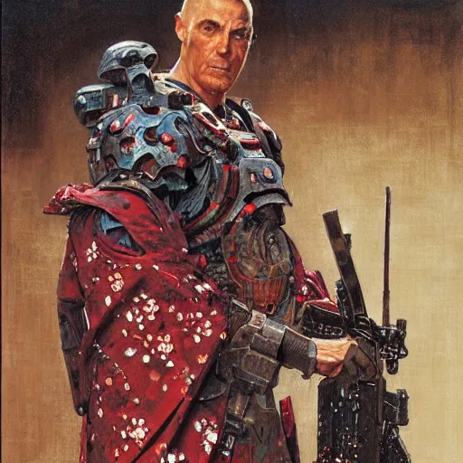 Image similar to the doomslayer wearing a kimono, art by norman rockwell and donato giancola and greg rutkowski,
