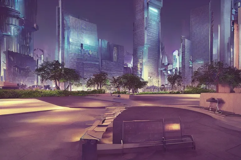 Prompt: “ wide angle on futuristic city park, night mood, bench, trashcan, skyscrapers in the distance, dynamic lighting, by moebius and victo ngay, trending on artstation ”