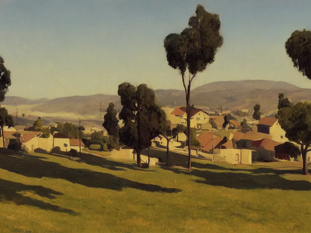 Image similar to a painting of california suburb by peter ilsted