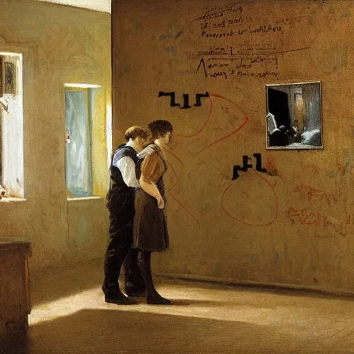 Image similar to a young man and a young woman solving an escape room puzzle, mysterious markings on the wall, by alfred stevens