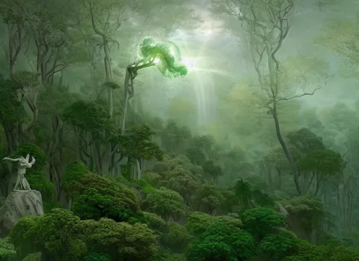 Image similar to an idealistic marble statue with fractal flowery hair and fair porcelain face and green eyes, in a magical forest, painted by, mc escher, gordon onslow ford, georgia o'keeffe and ivan aivazovsky, cinematic light, god rays, colourful, unreal engine, zbrush central,