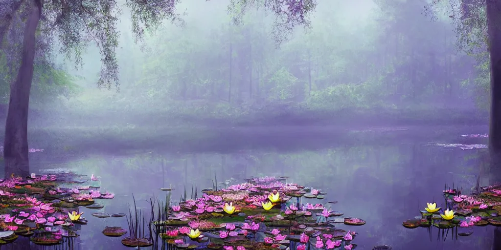 Prompt: a mirror like pond, by springtime flowers and foliage in full bloom, lotus flowers on the water, dark foggy forest background, sunlight filtering through the trees, digital art, art station