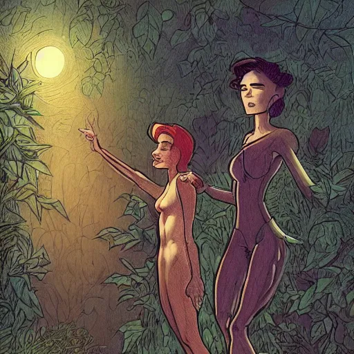 Image similar to modest short - haired handsome muscular blonde butch tomboy woman engineer standing beside taller dark fae feathered modest gothic jennifer connelly, in a beautiful lush garden at night, falling in love, highly detailed, romantic, trending on art station, illustration, mike mignola, comic book