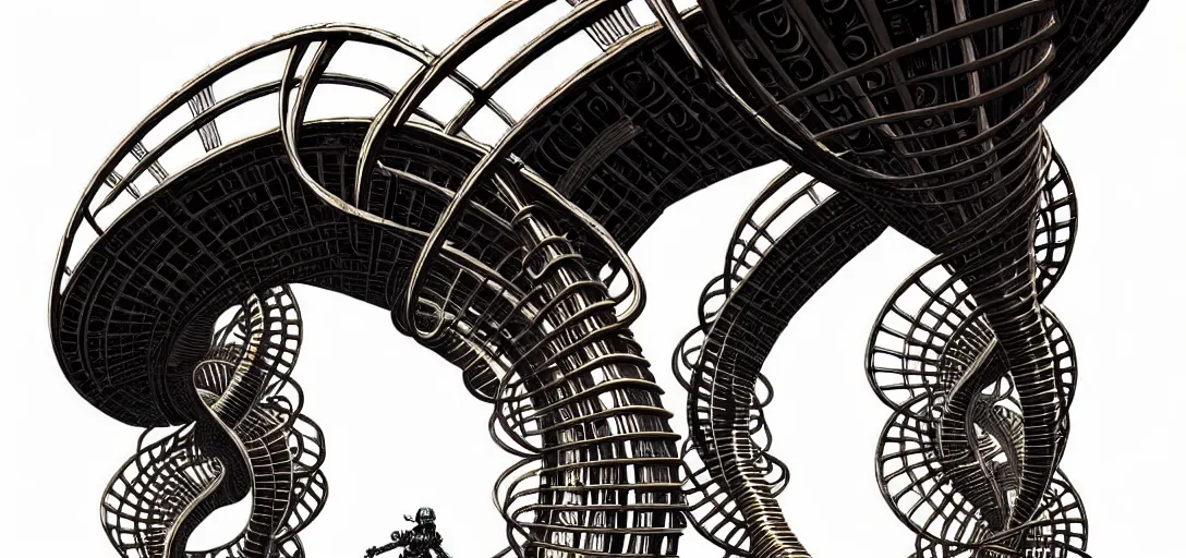 Prompt: a double helix dna cyberpunk steampunk carved archway in space, high details, lineart, by vincent di fate and joe fenton, inking, screen print, masterpiece, trending on artstation, sharp, high contrast, hyper - detailed,, hd, 4 k, 8 k