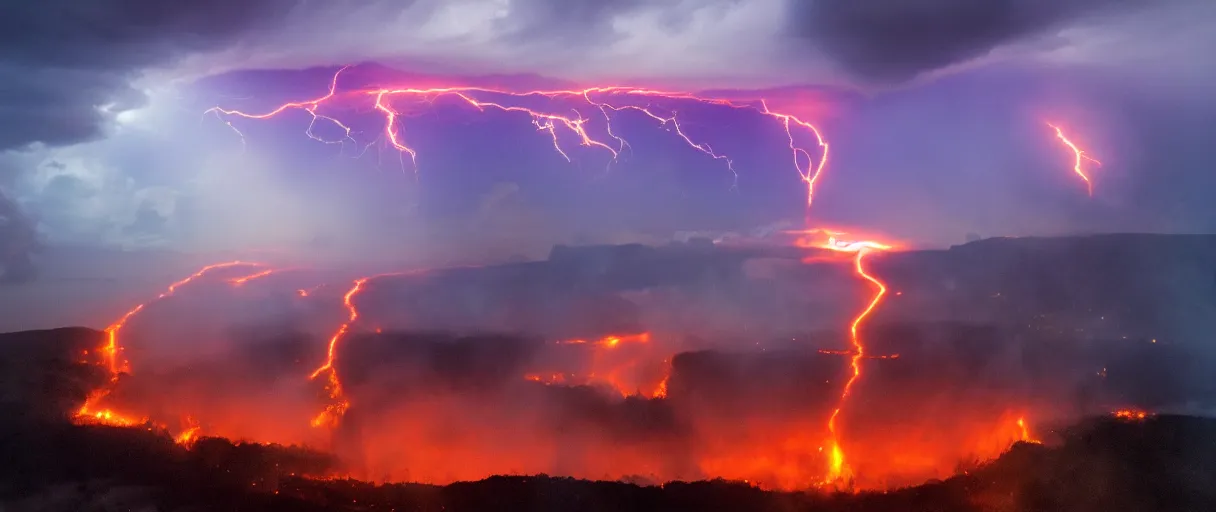 Image similar to lava flowing trough the amazone lightning clouds, sunset, mountains, 4 k, hd, explosive, colorfull