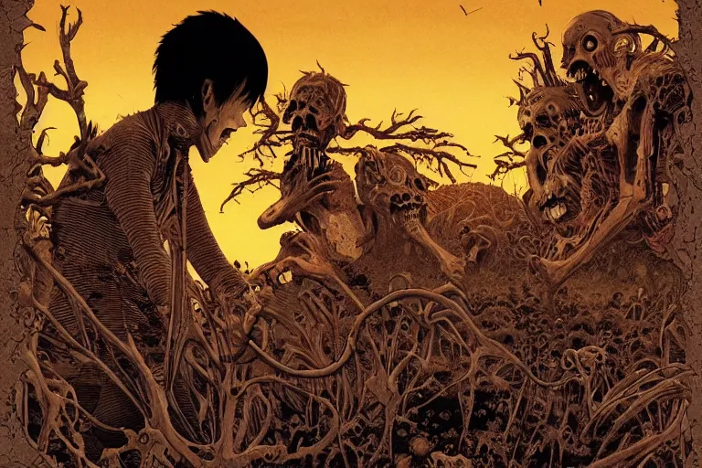 Prompt: disturbing horror zombie manga cover illustration by junji ito and joe fenton and syd mead and p. craig russell and barry windsor - smith, artstation, 4 k, graphic novel, concept art, matte painting, beautiful american rustic western landscape sunset background, golden hour, art nouveau