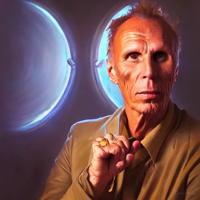 Prompt: portrait of peter weller by mandy jurgens, cartoon, oil painting, visionary art, symmetric, magick symbols, holy halo, dramatic ambient lighting, high detail, vibrant colors,
