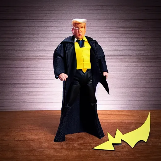 Prompt: action figure of Trump as Batman with cowl shaped like hair by Hasbro