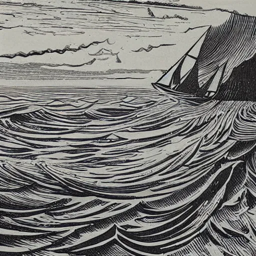 Prompt: a detailed woodcut print of ocean and sailing, expressionism genre, by ansel adams