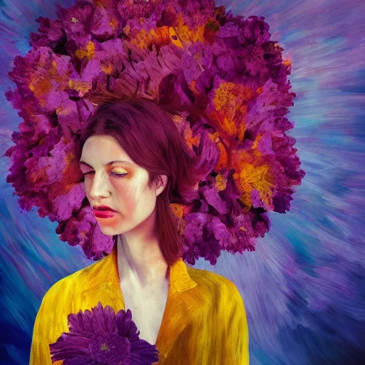 Image similar to huge flower as head, woman standing in a luxury apartment, surreal photography, dramatic light, impressionist painting, digital painting, artstation, georgia o'keeffe