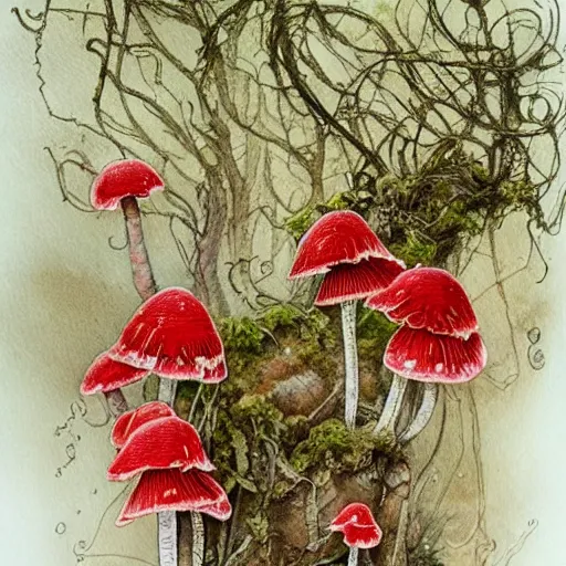 Prompt: jean - baptiste monge water color on white paper watercolor sketch of overgrown vines, moss, flowers, mushrooms hard edges, pencil lines, drips, runs, spatter, details. red chrome. jean - baptiste monge!!!!!