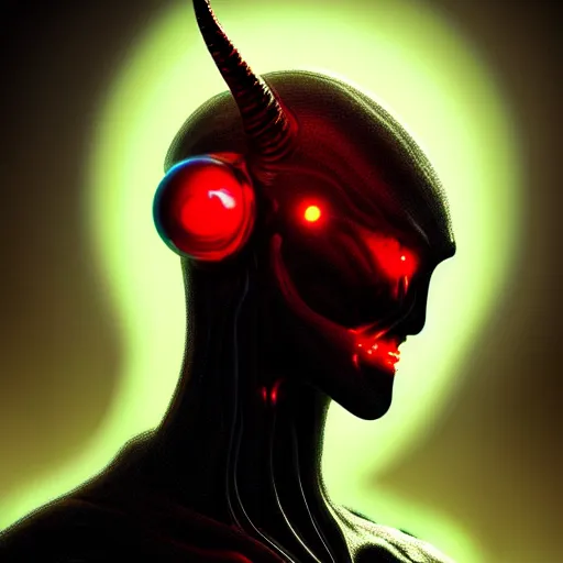 Image similar to portrait of realistic alien with horns. red eyes, human eyes, background flames, sci - fi, tech wear, volumetric lighting, intricate, elegant, highly detailed, digital painting, artstation, concept art, illustration, bokeh, film noir - h 7 0 4