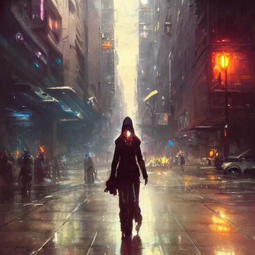 Image similar to wanderer, sidewalk of a cyberpunk megacity, dramatic lighting, detailed background, gorgeous view, realistic, high detail, depth of field, lightrays, atmospheric, digital art, painted by greg rutkowski, painted by jeremy mann, painted by alphonse mucha, trending on artstation