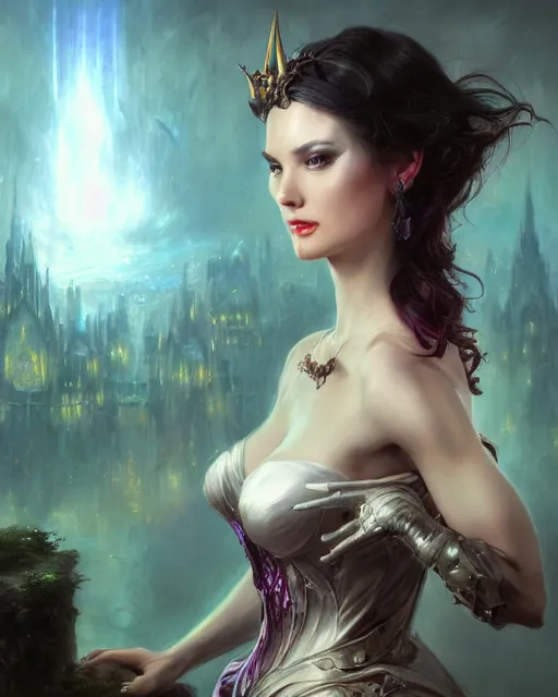 Prompt: daniel gerhartz and artgerm detailed portrait digital rococo painting of a beautiful villainess wearing fantasy clothing like liliana vess, hellscape in the background, embers, unreal engine, hyper realism, realistic shading, cinematic composition, blender render, octane render, hdr, detailed textures, photorealistic, ultrawide shot, 3 5 mm film