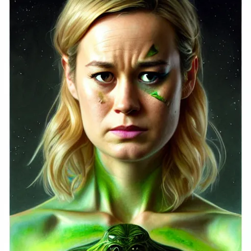 Image similar to portrait painting of brie larson with green skin and pointy ears wearing sci - fi clothes, ultra realistic, concept art, intricate details, eerie, highly detailed, photorealistic, octane render, 8 k, unreal engine. art by artgerm and greg rutkowski and charlie bowater and magali villeneuve and alphonse mucha
