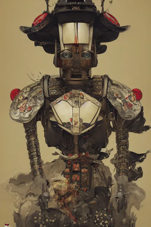 Image similar to a portrait of a japanese samurai robot illustrated by miyazaki by karol bak, james jean, tom bagshaw, rococo, sharp focus, trending on artstation, cinematic lighting, hyper realism, octane render, 8 k, hyper detailed, vivid, ultra detailed, highly detailed