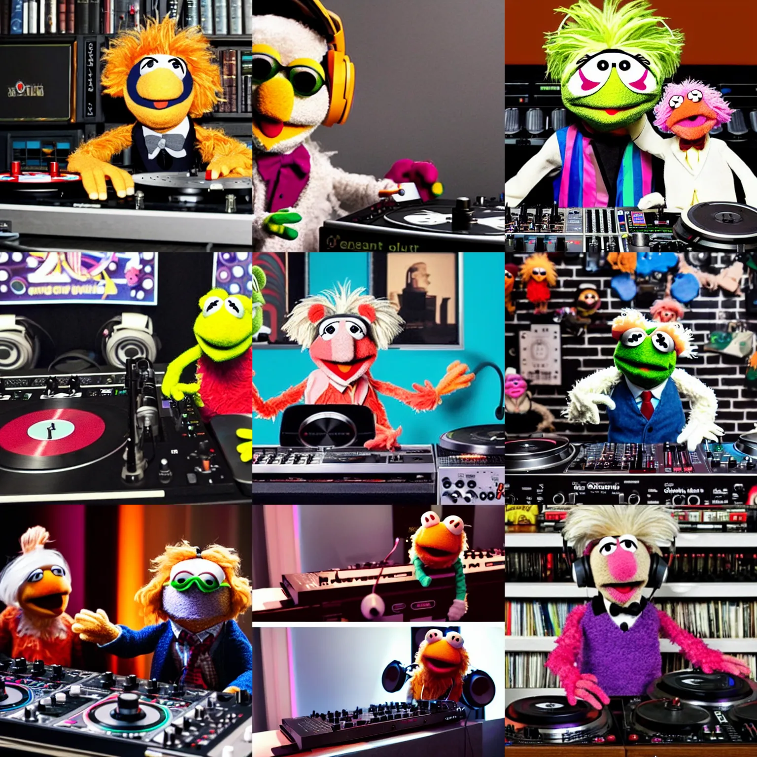 Prompt: muppet Einstein wearing headphones DJing with DJ turntables