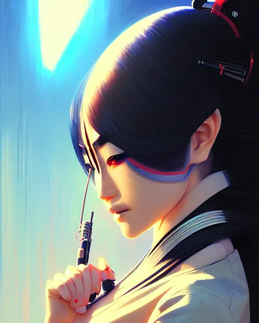 Prompt: geisha cyborg, fine - face, realistic shaded perfect face, fine details. anime. realistic shaded lighting poster by ilya kuvshinov, magali villeneuve, artgerm, jeremy lipkin and michael garmash and rob rey