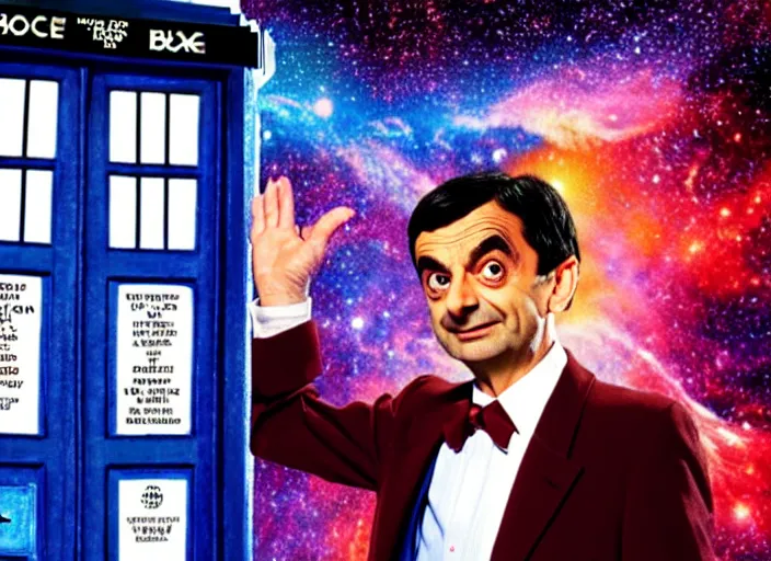 Image similar to product photo still of vhs cover of mr bean as doctor who in front of a nebula through the open door of the tardis on a vhs box