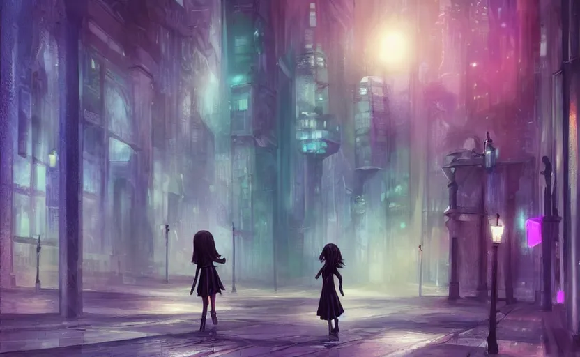 Image similar to A gothic girl is walking through a futuristic city street at night, it is rainig. Fantasy and concept art, colorful digital painting.